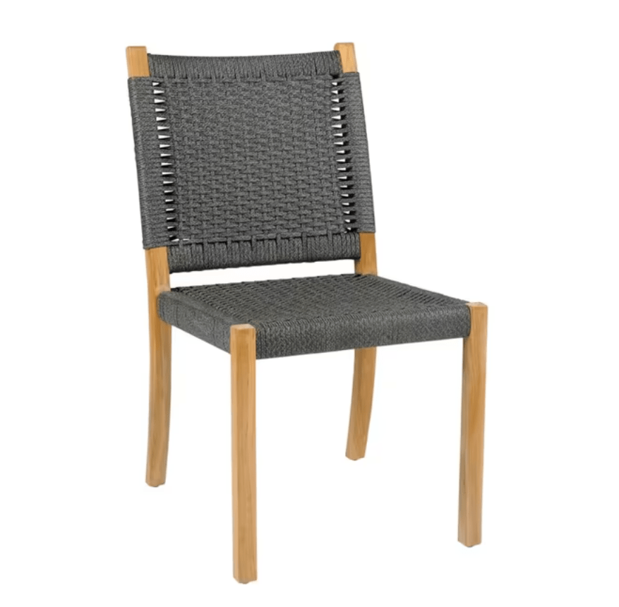 Kingsley Bate Hudson outdoor dining side chair with teak frame and charcoal woven rope seat and back
