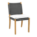 Kingsley Bate Hudson outdoor dining side chair with teak frame, charcoal woven rope back, and white seat cushion
