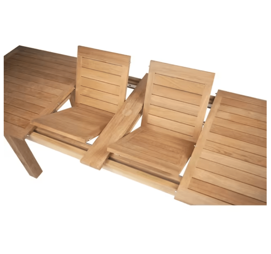 Kingsley Bate Hyannis teak extension dining table close-up showing butterfly leaf extension mechanism detail
