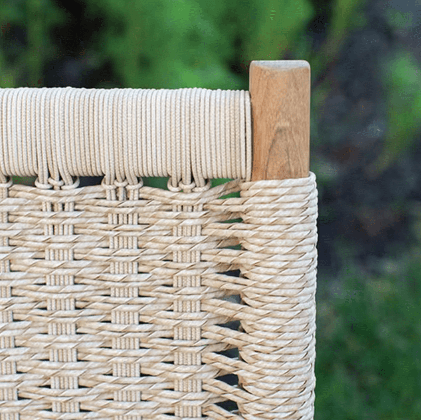 Kingsley Bate Hudson outdoor dining chair close-up of natural woven rope weave and teak frame joint detail
