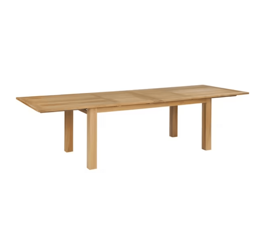 Kingsley Bate Hyannis outdoor rectangular extending teak dining table with slatted top and straight legs
