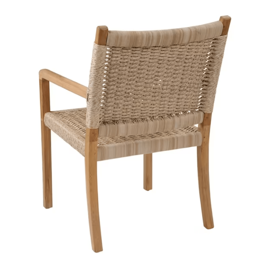 Kingsley Bate Hudson outdoor dining armchair rear view showing teak frame and natural woven rope back detail
