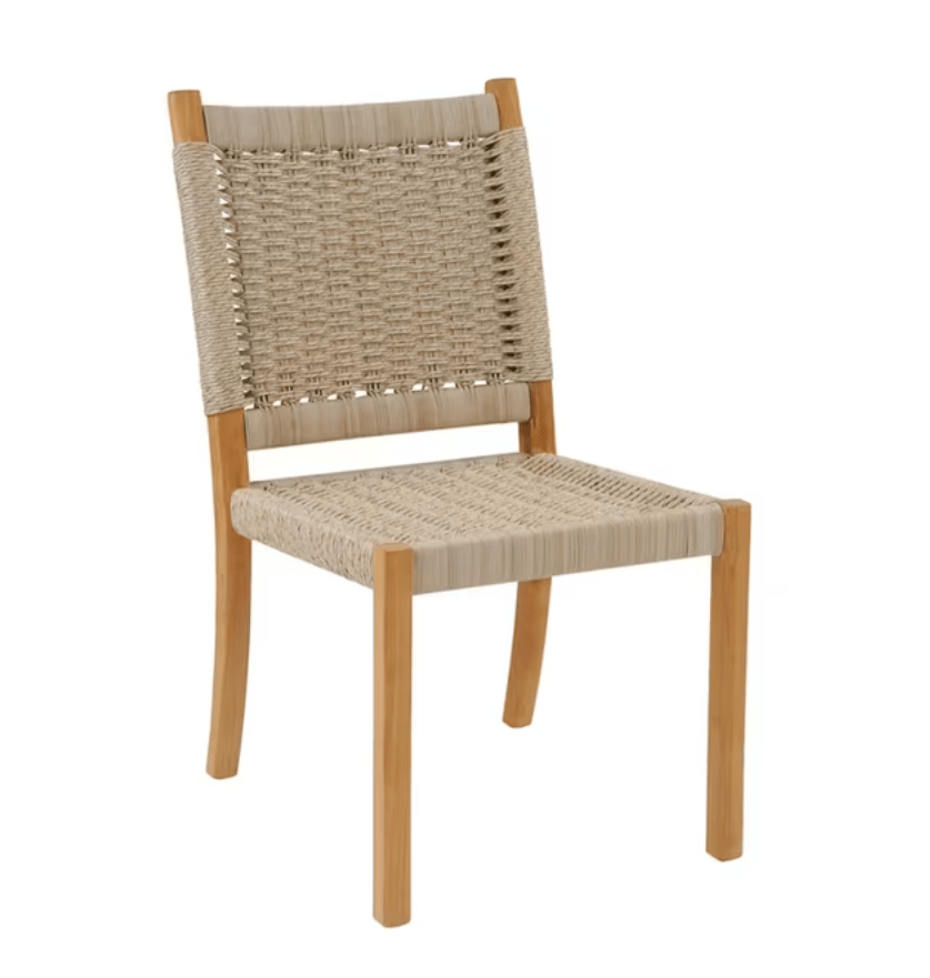 Kingsley Bate Hudson outdoor dining side chair with teak frame and natural woven rope seat and back
