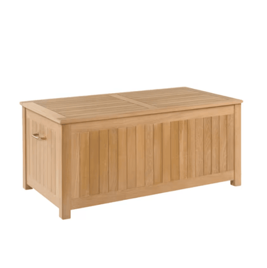 Kingsley Bate teak outdoor storage box with slatted panels and hinged lid for cushion storage
