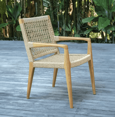 Kingsley Bate Bainbridge outdoor dining armchair with teak frame and woven rope seat and back