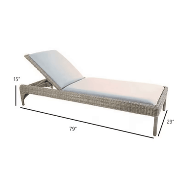 Kingsley Bate Milano wicker chaise lounge dimension diagram showing 79L x 29W x 15H inches
