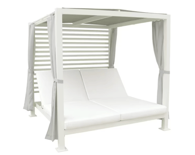 Kingsley Bate Pavilion outdoor daybed with canopy, louvered back panel, white cushions, and gray curtains
