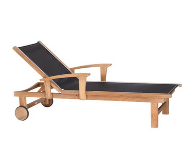Kingsley Bate St. Tropez ST70 teak chaise lounge with black sling, armrests, reclining back, and teak wheels