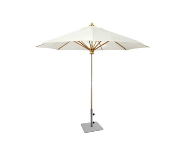 Kingsley Bate teak octagonal market patio umbrella with cream canopy and square base
