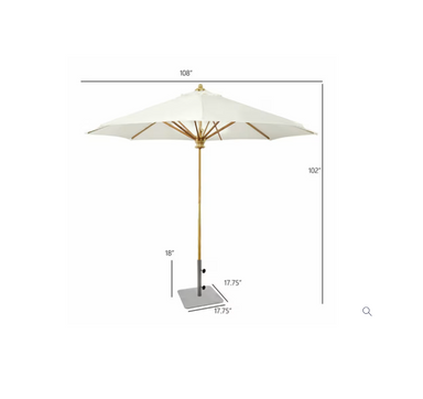 Kingsley Bate 9-foot teak market umbrella dimension diagram showing 108-inch canopy and 102-inch height
