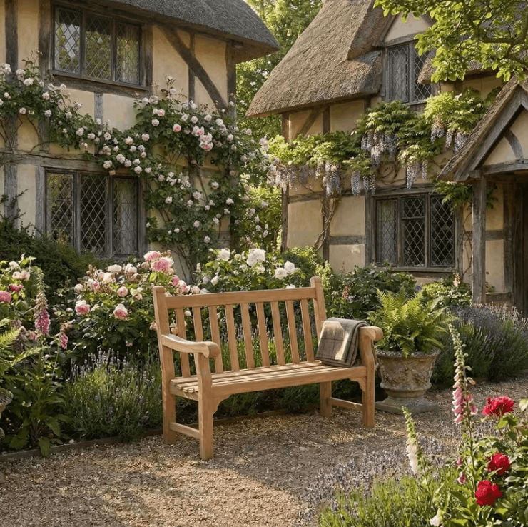 Bench in cottage garden with roses and wisteria, warm golden teak tone
Kingsley Bate Hyde Park solid teak outdoor garden bench golden finish English cottage garden roses