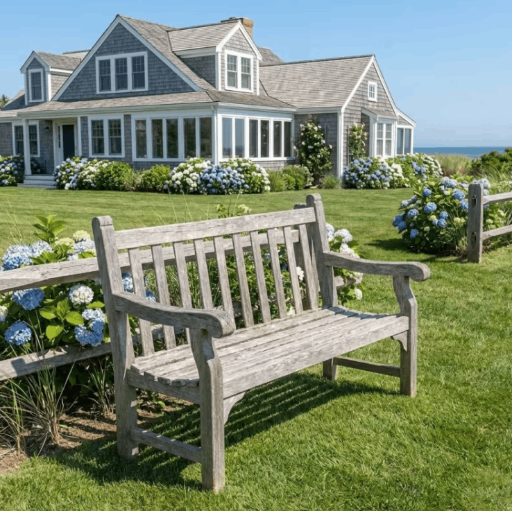 Bench weathered to silver-gray patina on coastal lawn with hydrangeas and shingle house
Kingsley Bate Hyde Park teak outdoor garden bench silver gray patina coastal lawn hydrangeas