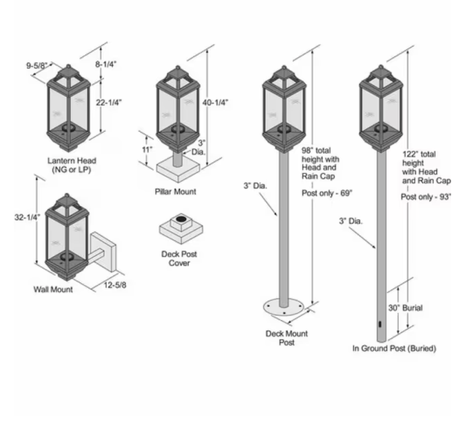 Travis Industries Tempest lantern mounting configurations dimensions diagram showing pillar wall deck post and in-ground post options