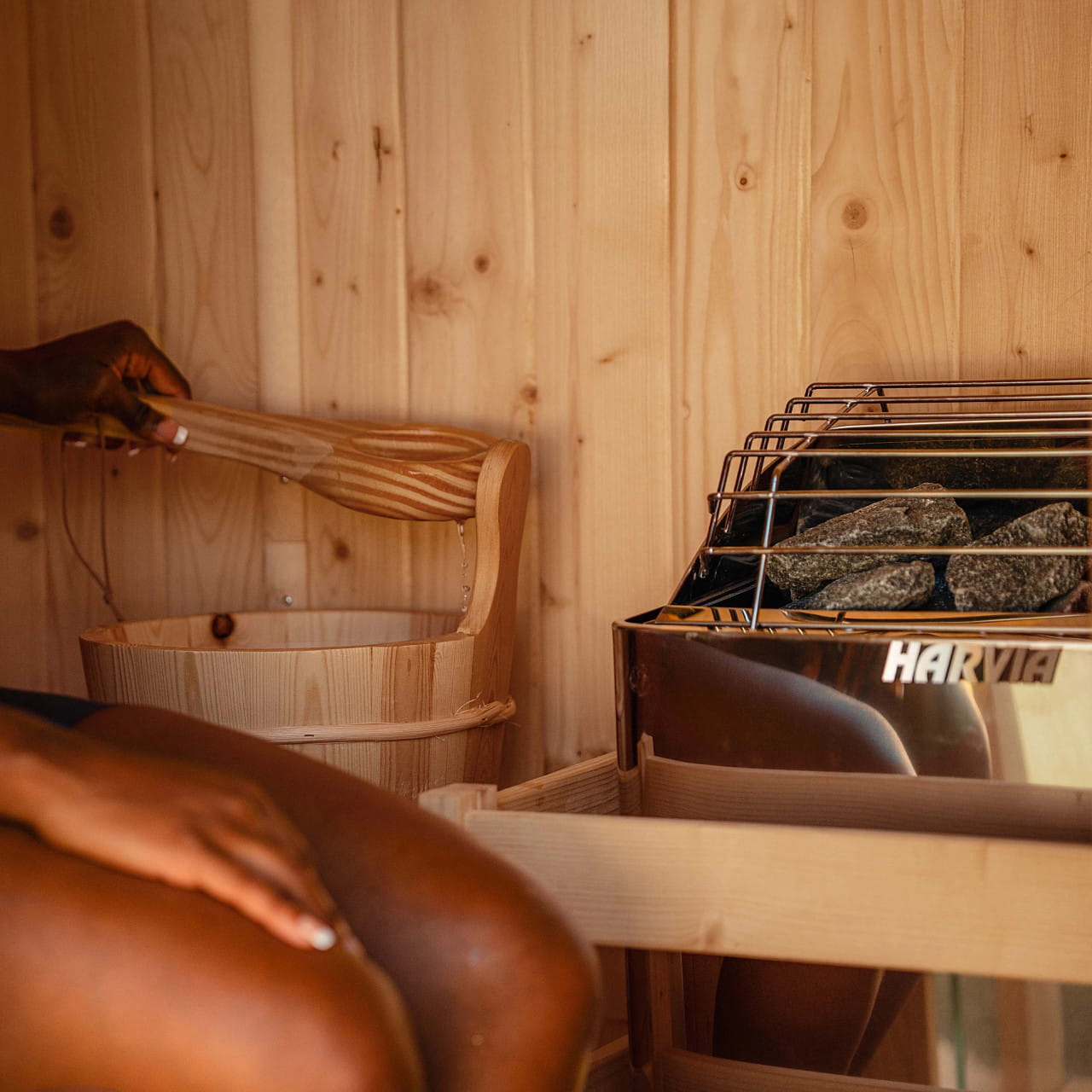Cedar Barrel Sauna with Front Porch Canopy – Liatris | Harvia Heater Included