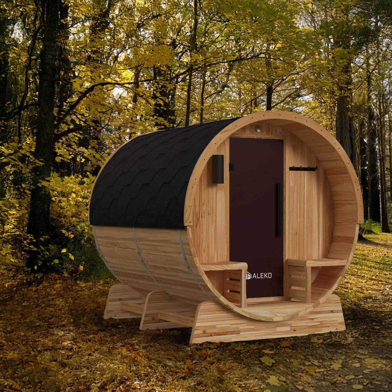 Cedar Barrel Sauna with Front Porch Canopy – Liatris | Harvia Heater Included