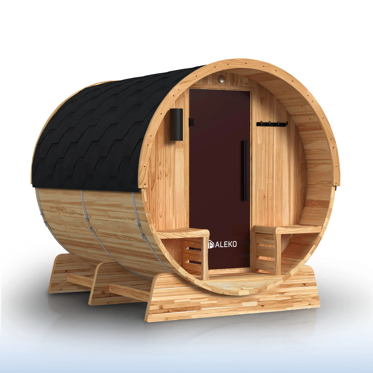 Cedar Barrel Sauna with Front Porch Canopy – Liatris | Harvia Heater Included