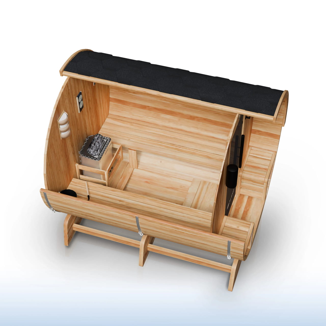 Cedar Barrel Sauna with Front Porch Canopy – Liatris | Harvia Heater Included