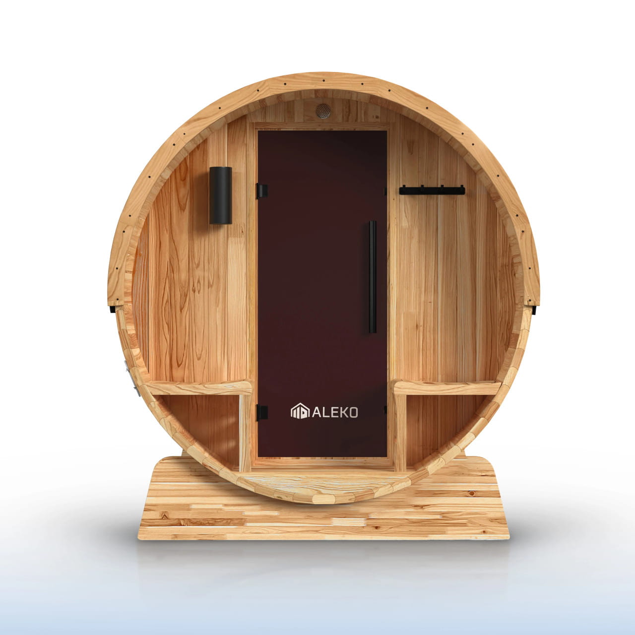 Cedar Barrel Sauna with Front Porch Canopy – Liatris | Harvia Heater Included