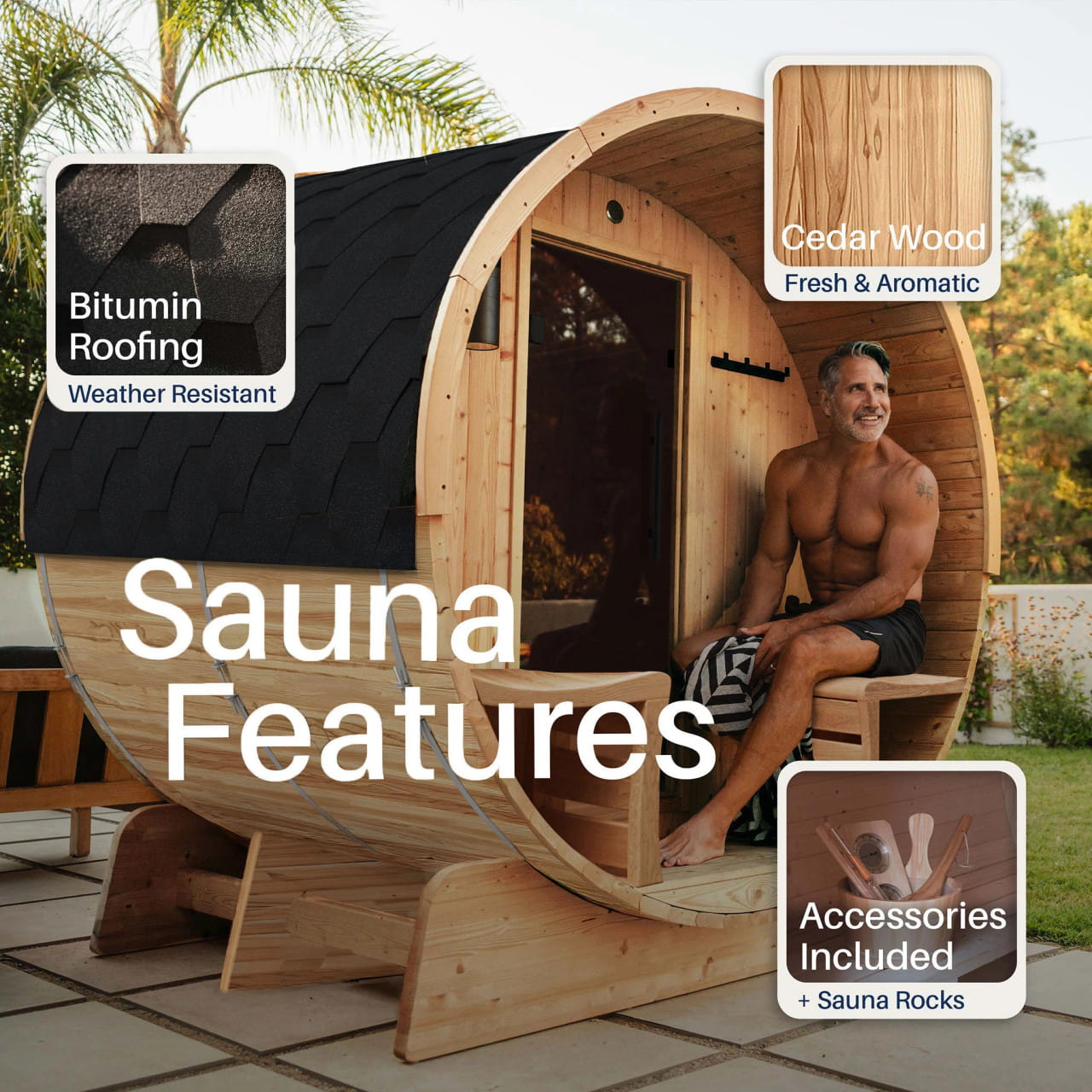 Cedar Barrel Sauna with Front Porch Canopy – Liatris | Harvia Heater Included