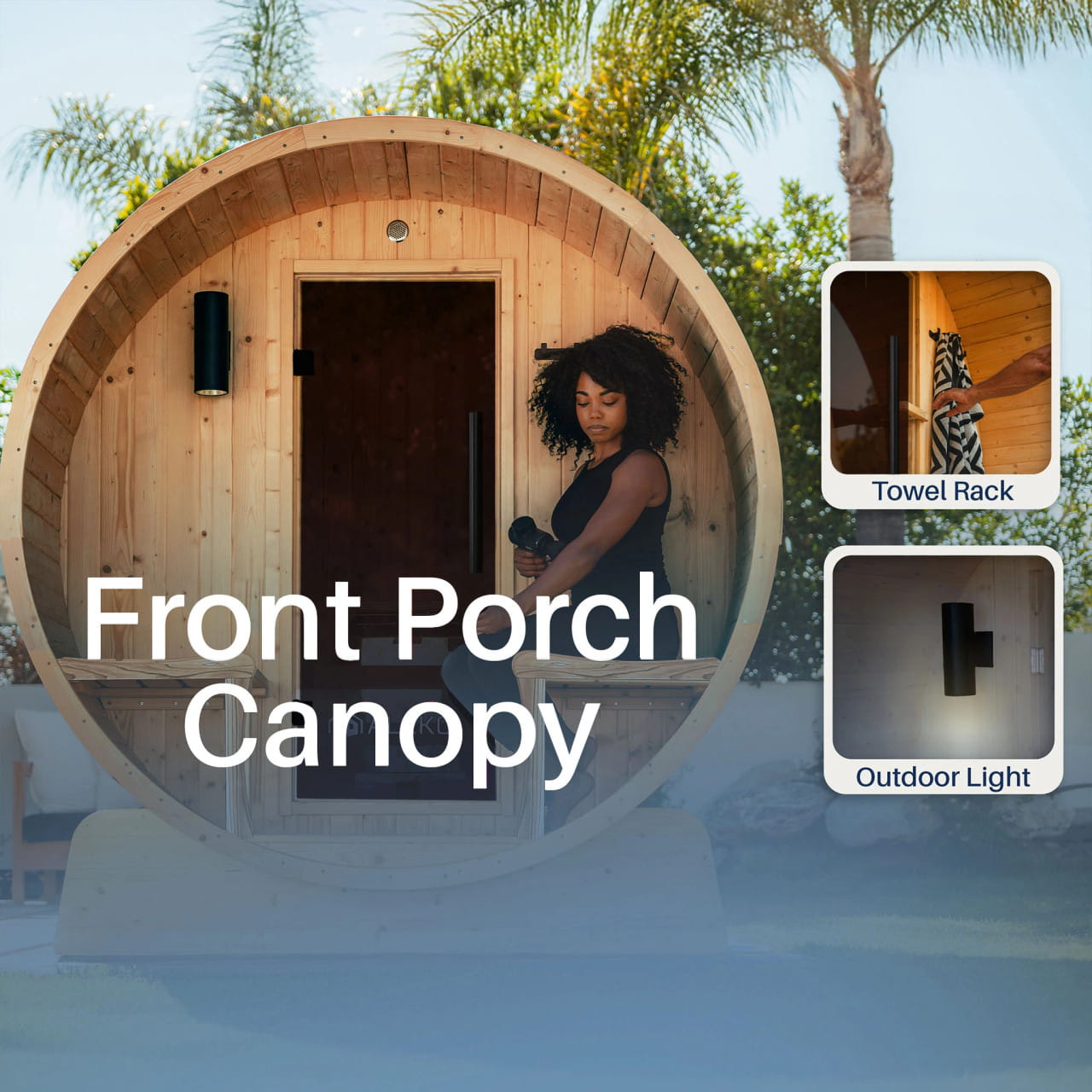 Cedar Barrel Sauna with Front Porch Canopy – Liatris | Harvia Heater Included