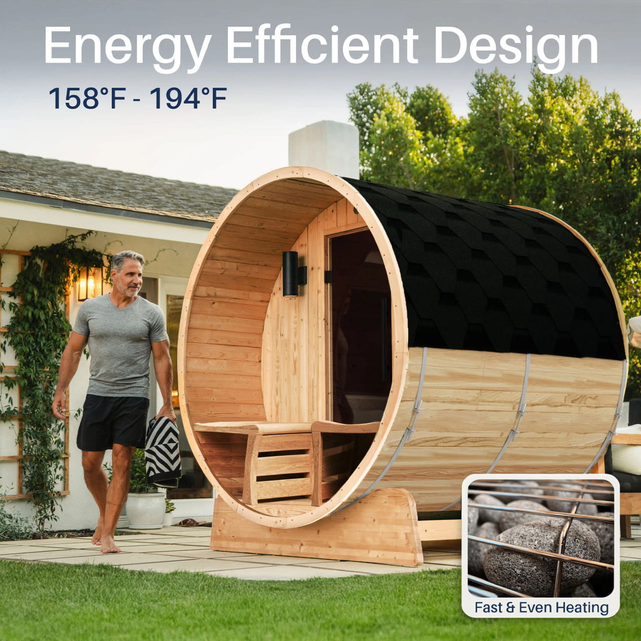 Cedar Barrel Sauna with Front Porch Canopy – Liatris | Harvia Heater Included