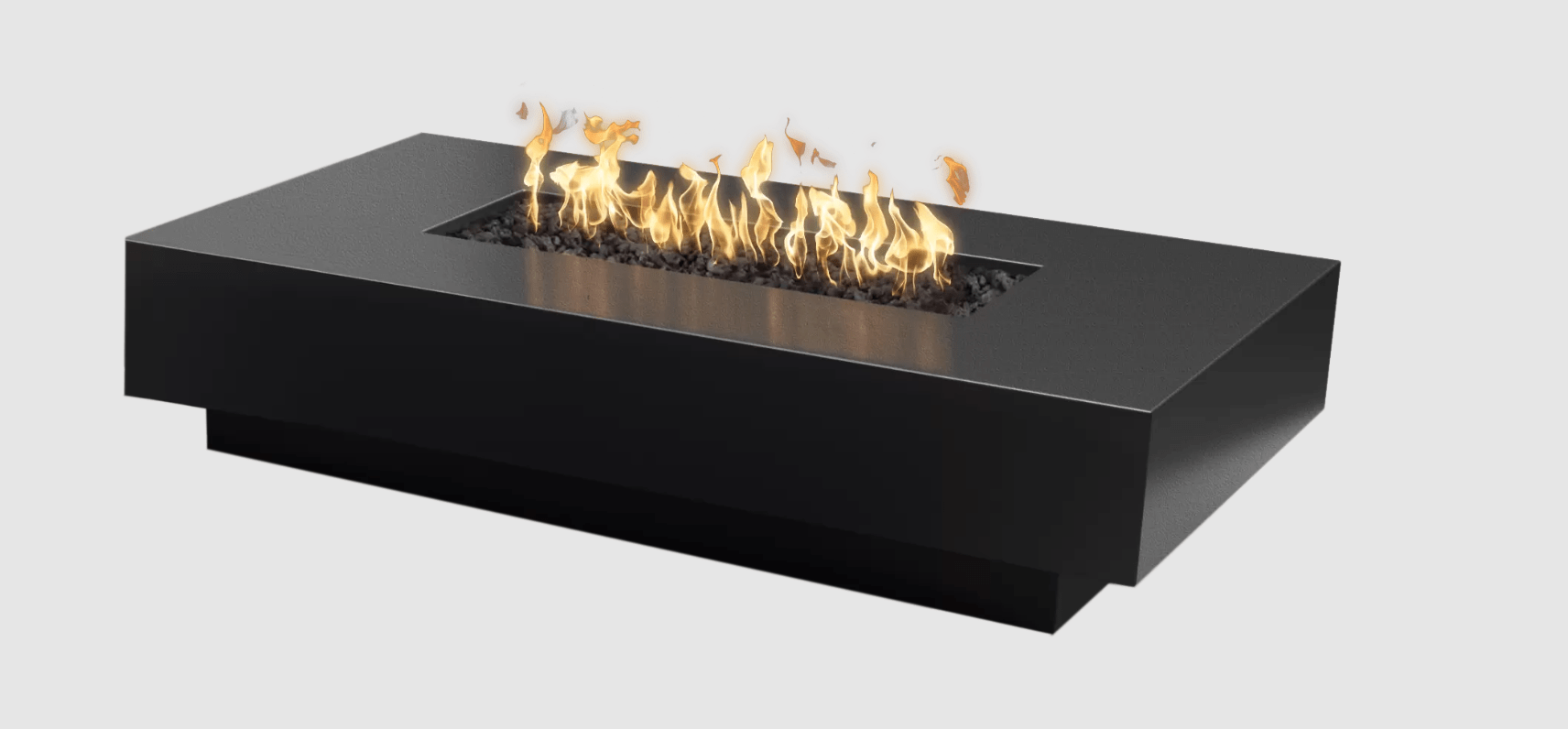 Modern black fire pit table with flames on a light gray background