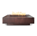 Rectangular fire pit table with flames on a white background