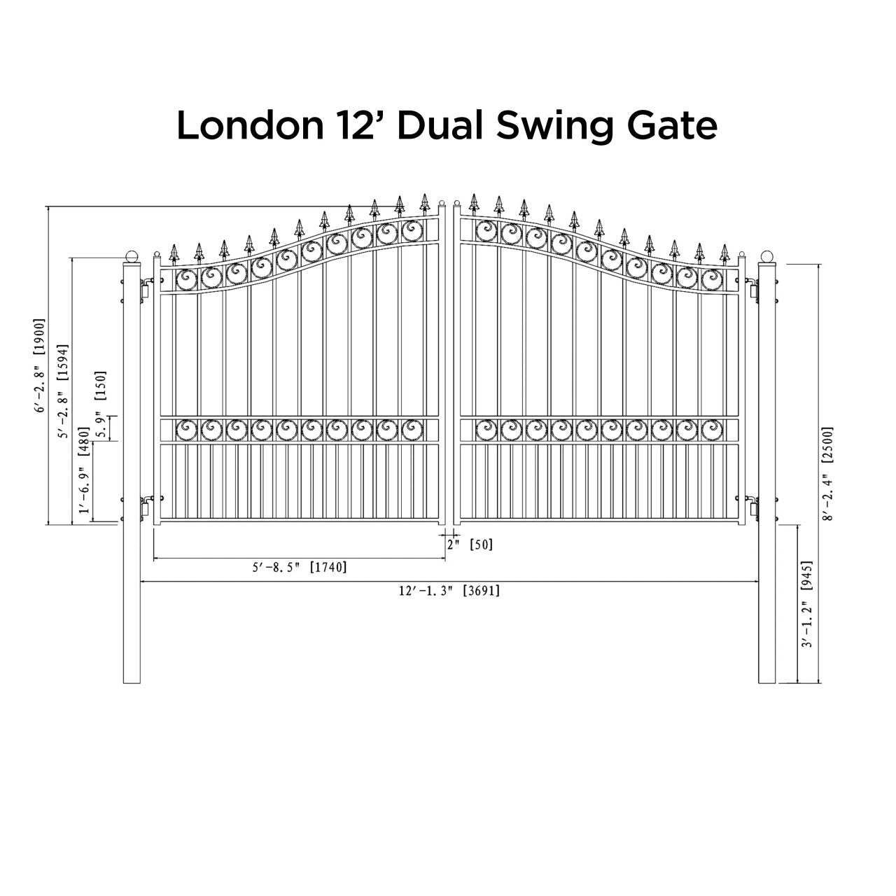 Aleko London Style 12'–18' Steel Dual Swing Driveway Gate – Black Galvanized