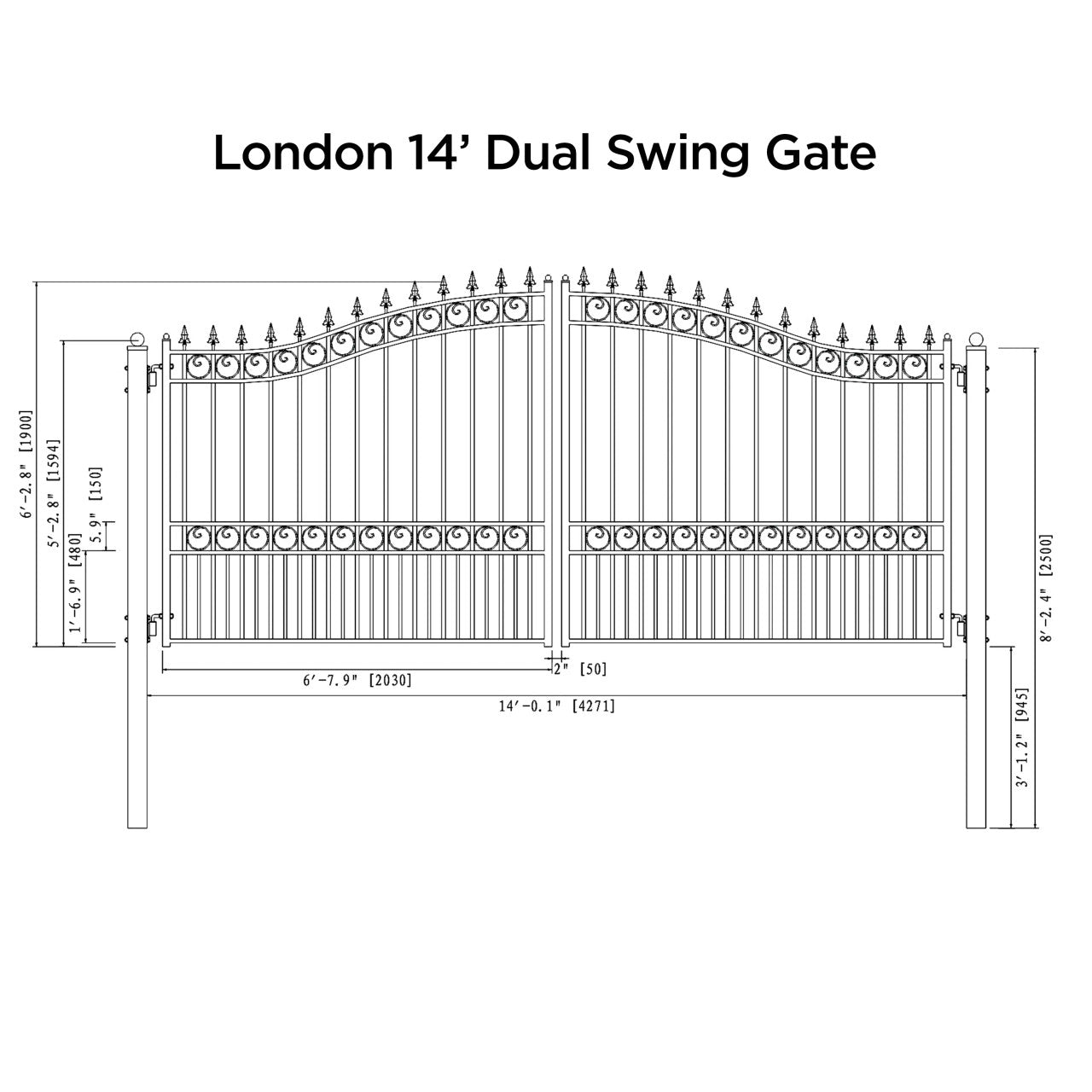 Aleko London Style 12'–18' Steel Dual Swing Driveway Gate – Black Galvanized