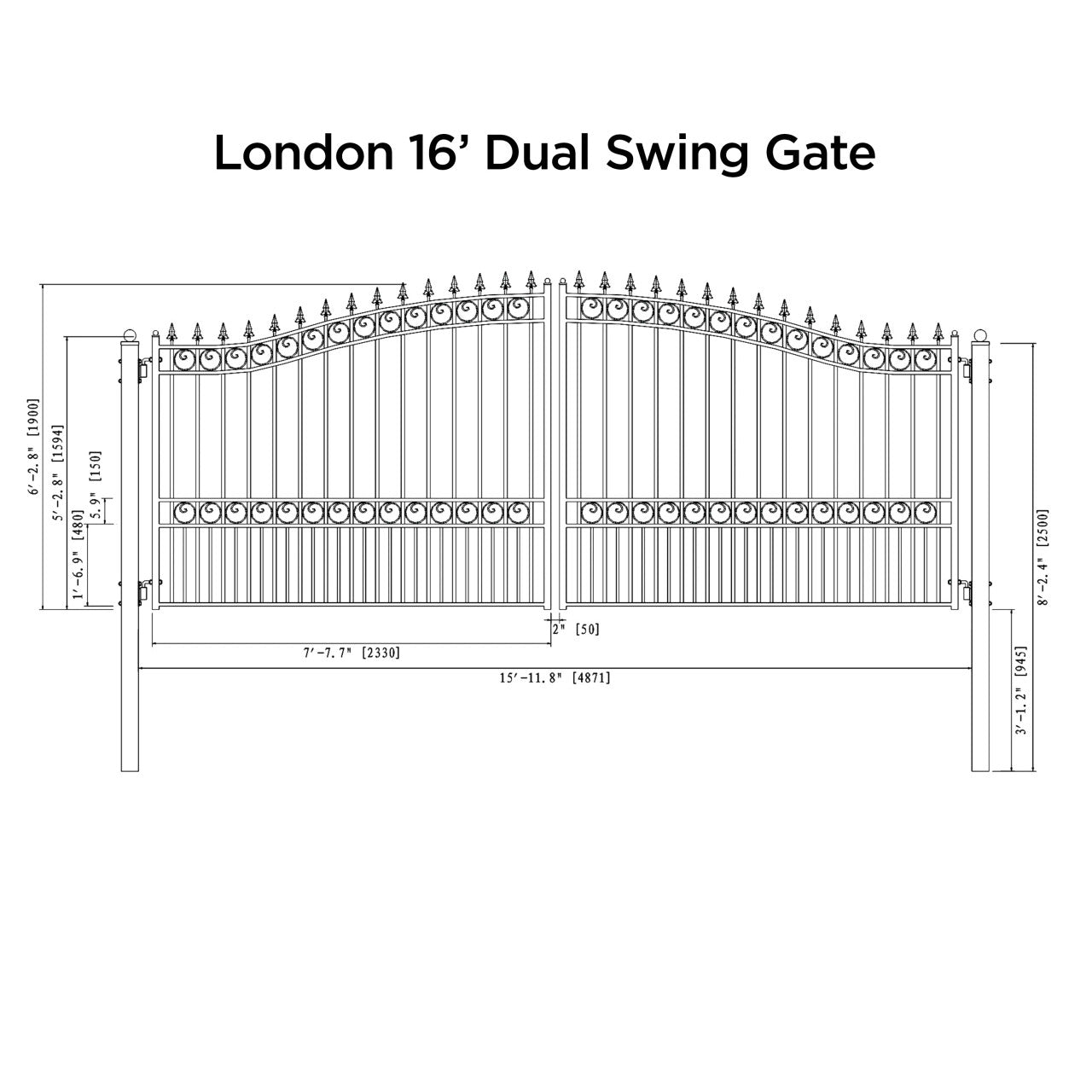 Aleko London Style 12'–18' Steel Dual Swing Driveway Gate – Black Galvanized