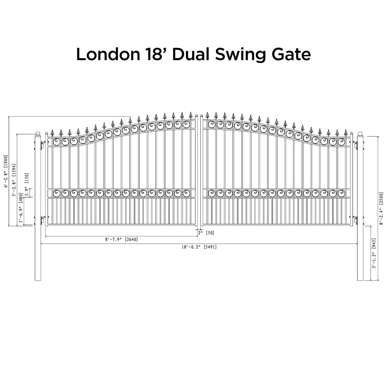 Aleko London Style 12'–18' Steel Dual Swing Driveway Gate – Black Galvanized