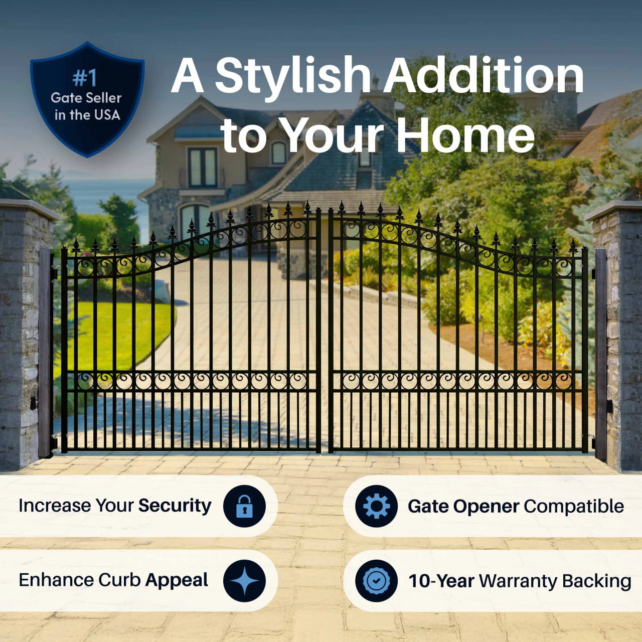 Aleko London Style 12'–18' Steel Dual Swing Driveway Gate – Black Galvanized