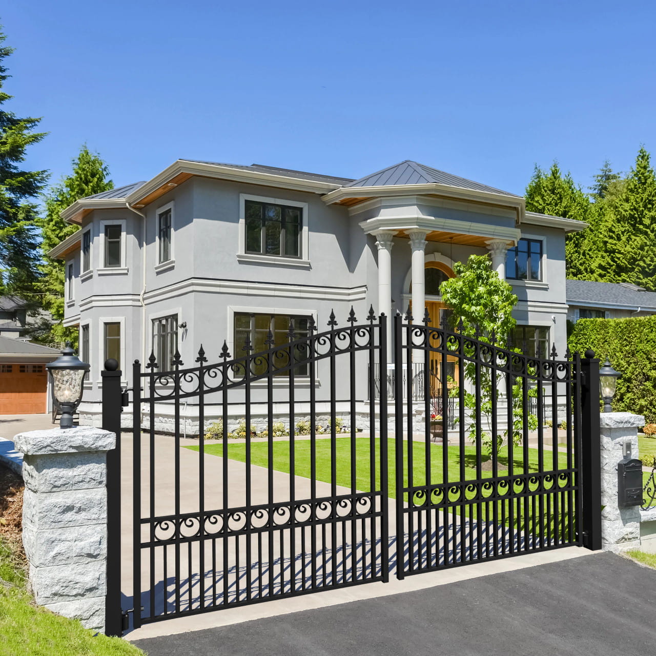 Aleko London Style 12'–18' Steel Dual Swing Driveway Gate – Black Galvanized