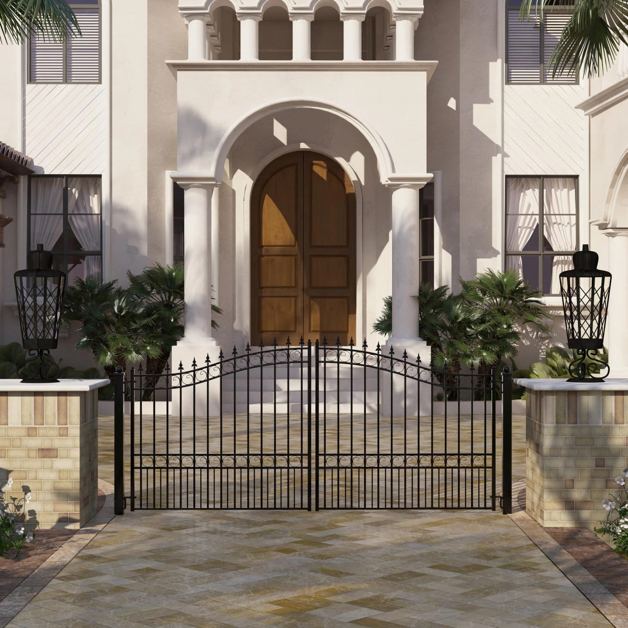 Aleko London Style 12'–18' Steel Dual Swing Driveway Gate – Black Galvanized
