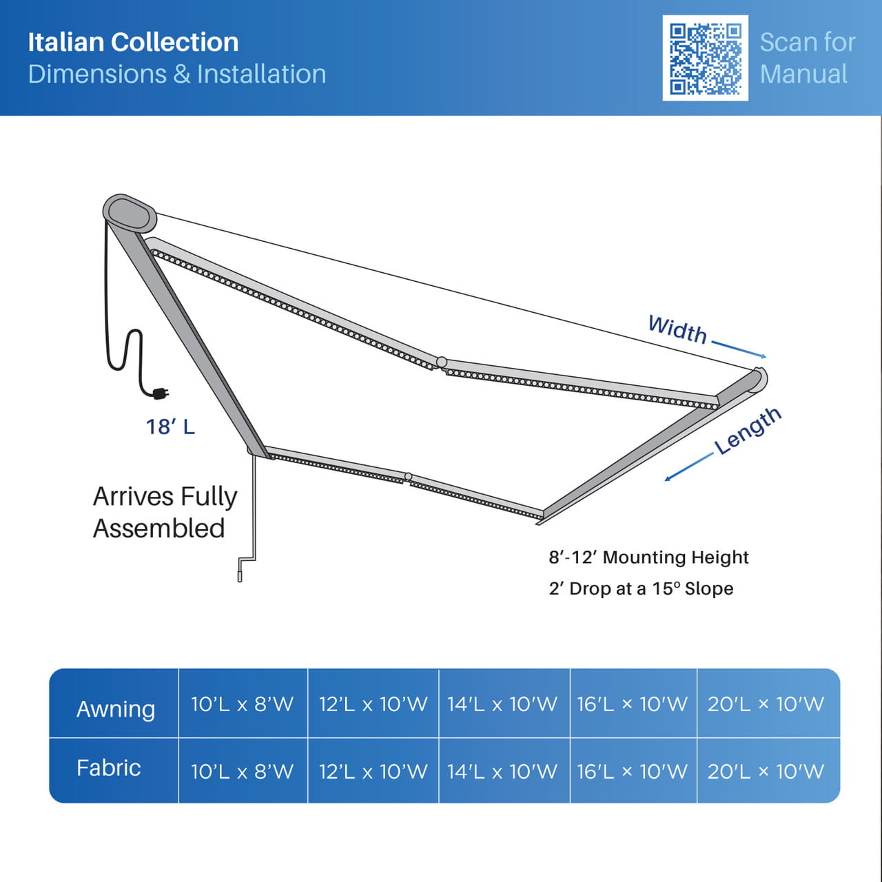 Motorized Full Cassette Patio Awning App & Remote – Italian 10'–20' Gray