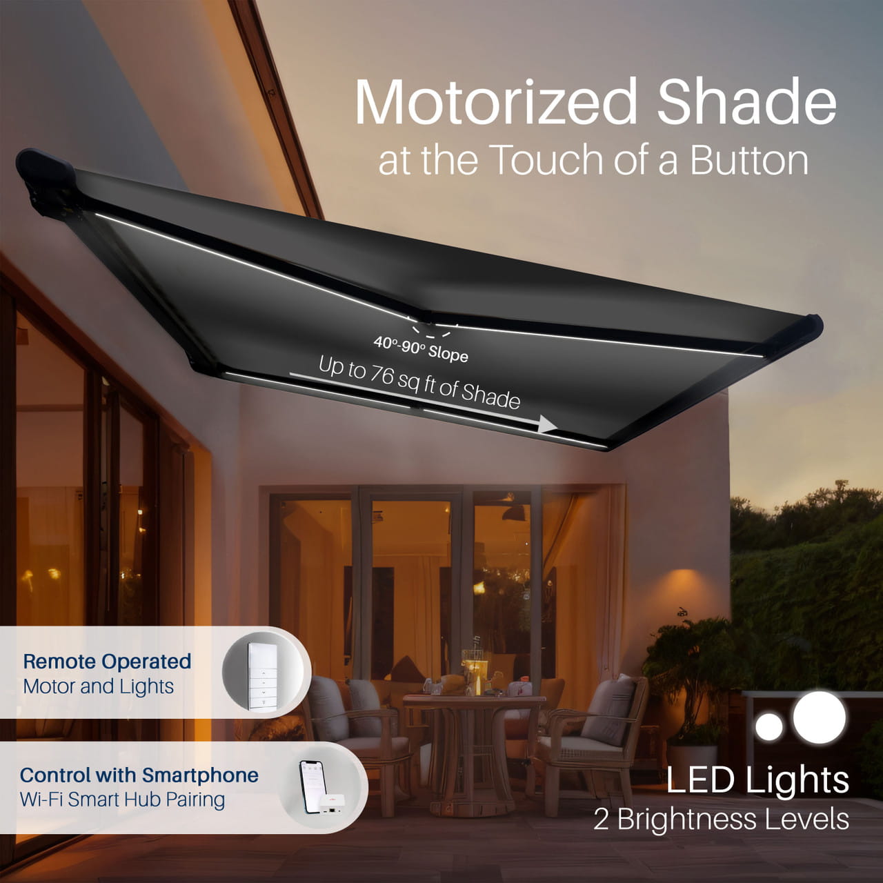 Motorized Full Cassette Patio Awning App & Remote – Italian 10'–20' Gray