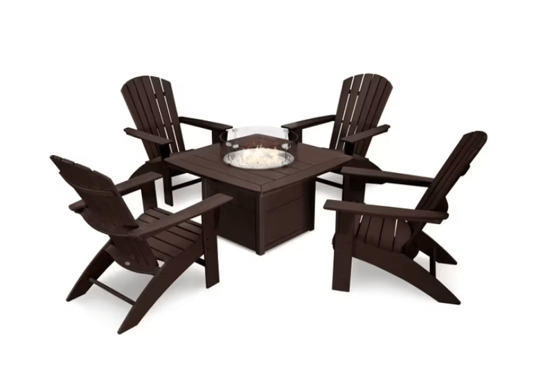 POLYWOOD Nautical 5-Piece Curveback Adirondack Set with Fire Pit Table in mahogany recycled plastic, patio conversation set
