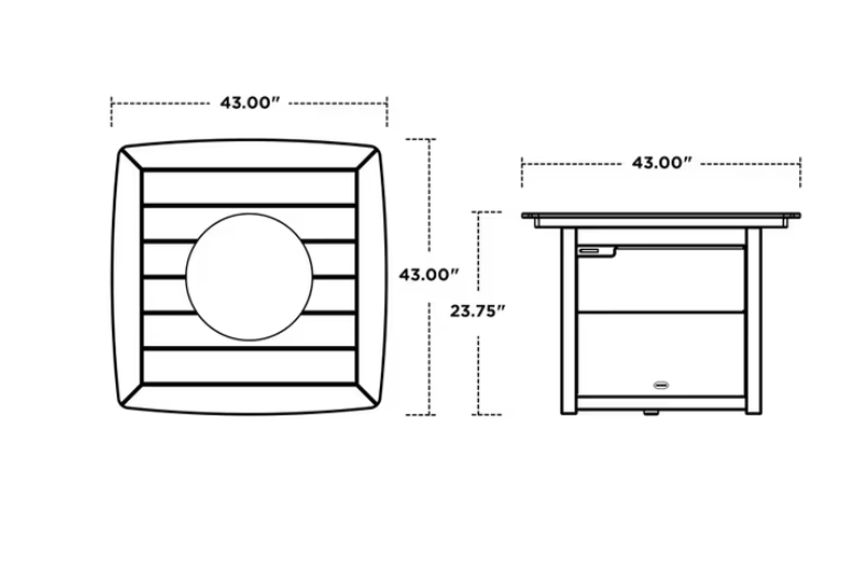 POLYWOOD Square Fire Pit Table dimension diagram, 43W x 43D x 23.75H inches with propane storage
