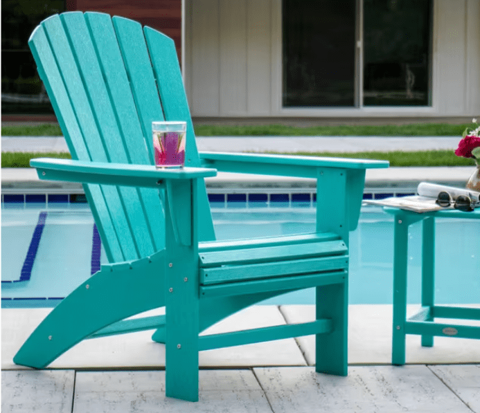POLYWOOD Nautical Curveback Adirondack chair in aruba  blue recycled plastic with side table, poolside patio seating