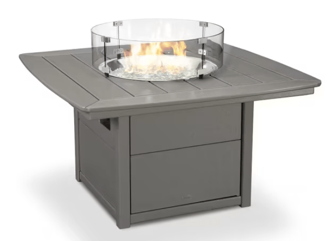 POLYWOOD Square 42-inch Fire Pit Table in slate grey recycled plastic with glass wind guard, outdoor patio