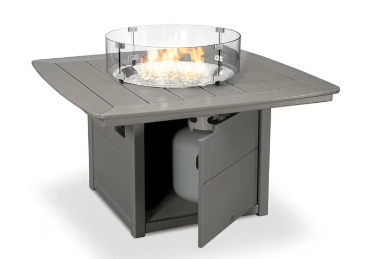 POLYWOOD Square 42-inch Fire Pit Table in slate grey recycled plastic with open propane tank storage compartment