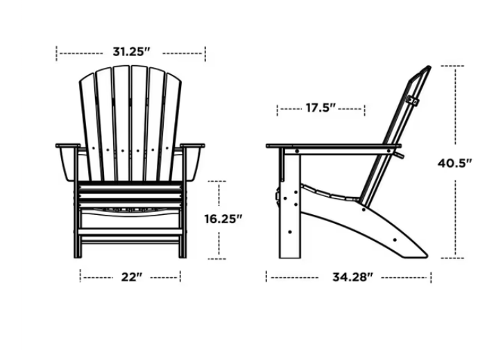 POLYWOOD Nautical Curveback Adirondack chair dimension diagram, 31.25W x 34.28D x 40.5H inches