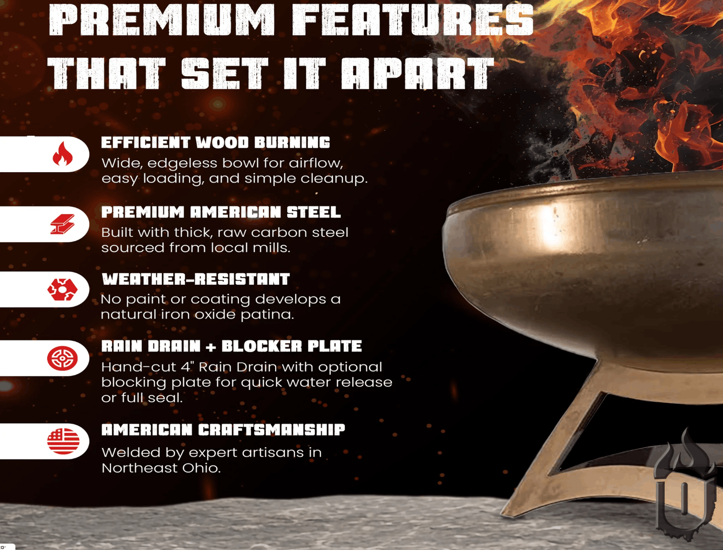 Ohio Flame Liberty Fire Pit with Hollow Base – Made in USA Steel