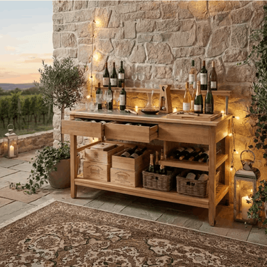 POVL Outdoor Calera teak buffet table styled as outdoor bar with wine bottles glasses and string lights