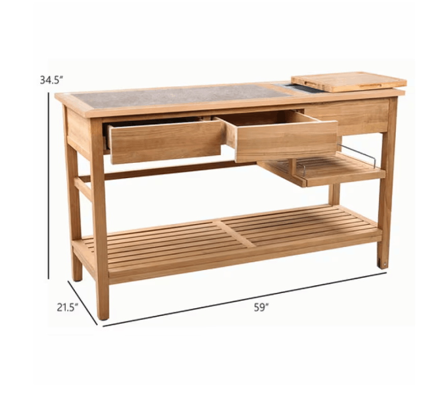 POVL Outdoor Calera teak buffet table dimensions 59 wide 21.5 deep 34.5 inches tall