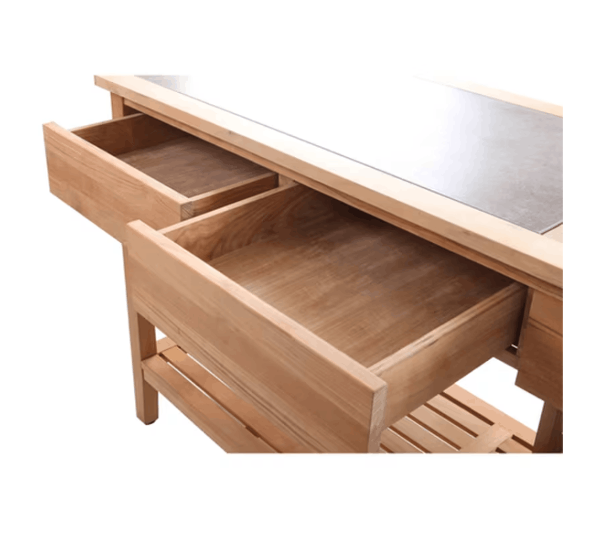 POVL Outdoor Calera teak buffet table close up open storage drawers and ceramic top detail