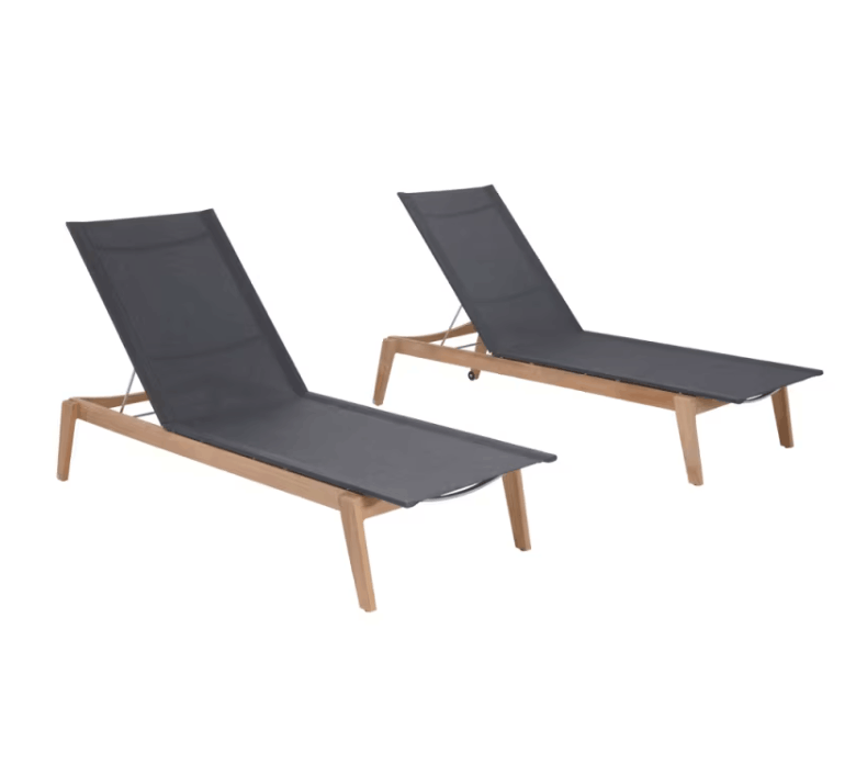POVL Outdoor Menlo Teak Sling Chaise Lounge Set of 2 – Stackable, 6-Position Reclining