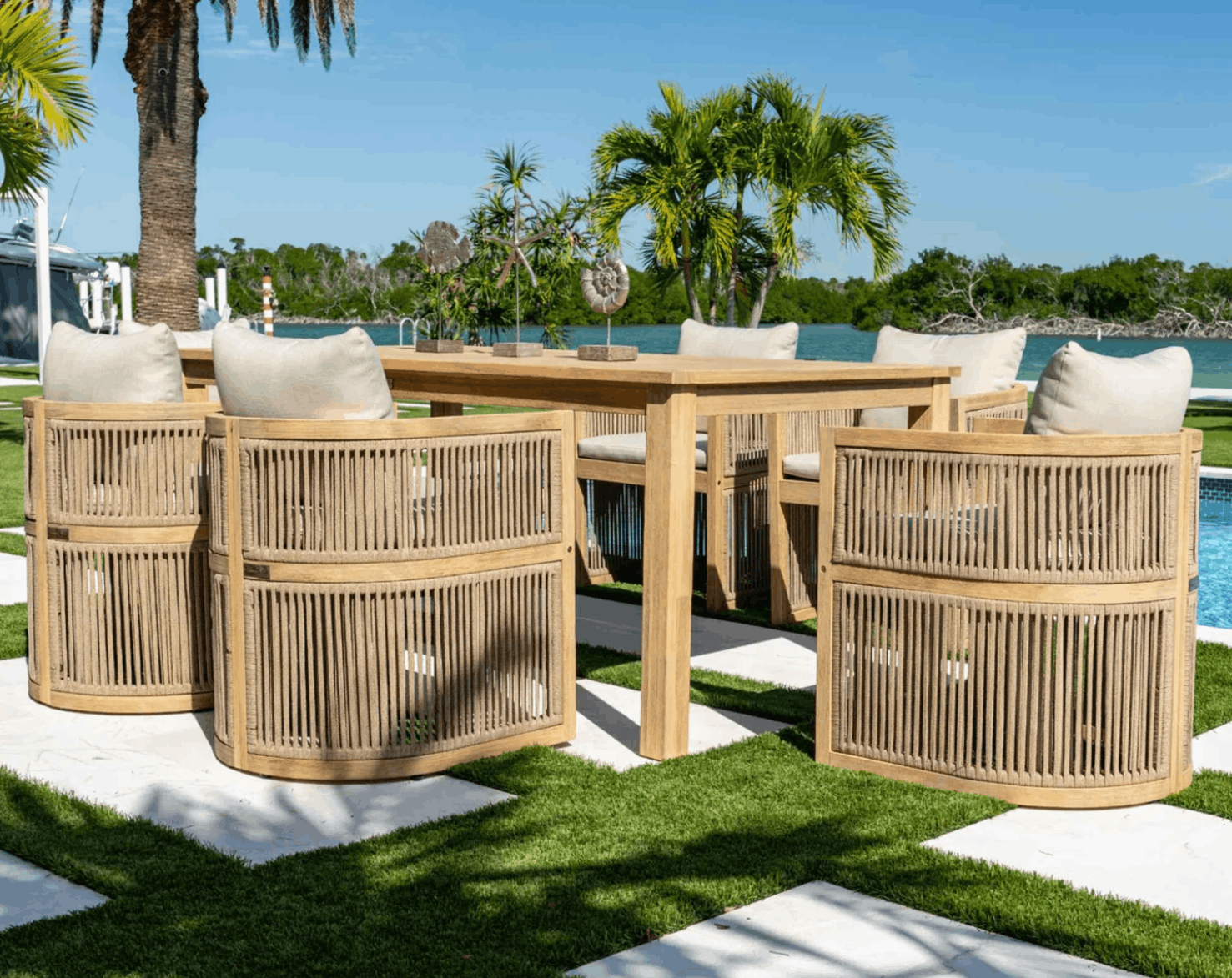 Panama Jack Cabo 7-Piece Acacia Wood Barrel Dining Set – Rectangular Table