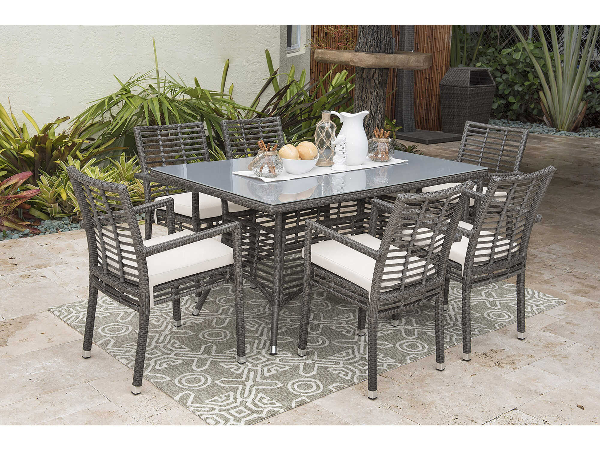 Panama Jack Graphite 7-Piece Armchair Dining Set with Glass Table