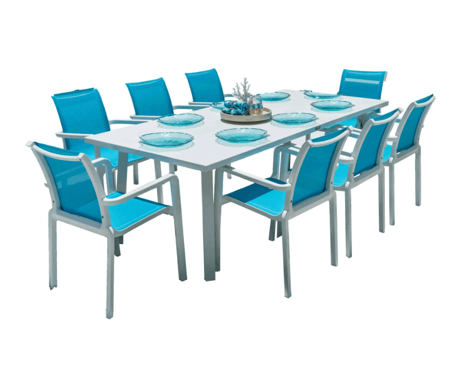 Panama Jack Abaco 9-Piece Outdoor Dining Set – Teal Sling Chairs